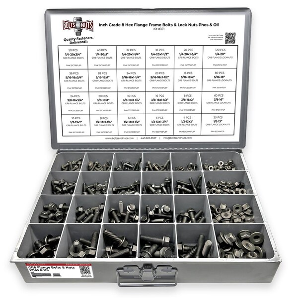 Boltsandnuts.Com Inch Grade 8 Hex Flange Frame Bolts & Lock Nuts Phos & Oil Assortment - 693 PCS Assortment Kit #391 - main